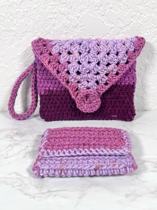 Hand Crafted Handbags - Purple Ombre Crochet Wristlet & Card Holder